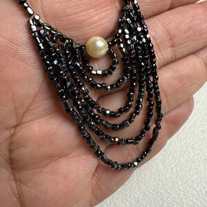 Grunge Glam Vtg Black Beaded Rocker Necklace with Genuine Pearl Handmade BOHO